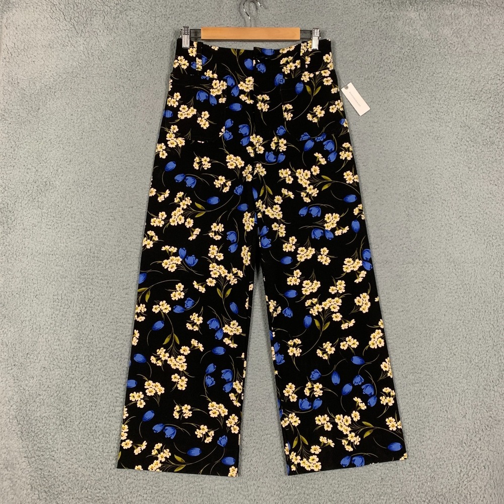 Anthropologie Maeve Collette Pant Womens 27 Black Floral Wide Leg Ponte Crop NWT